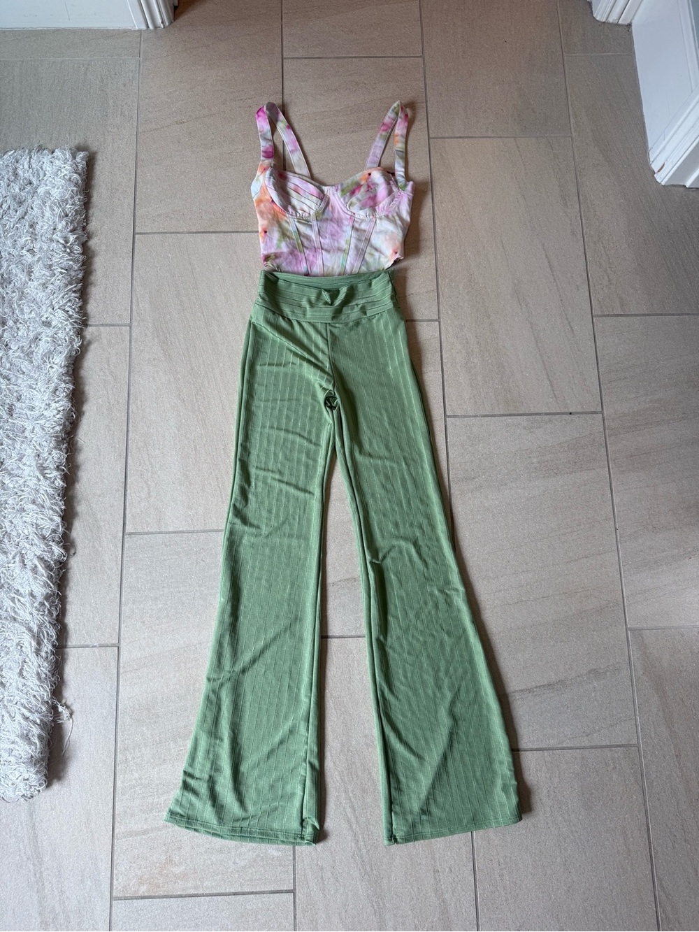 High-Waist Ribbed Flare Pants in Sage Green & Crop top set